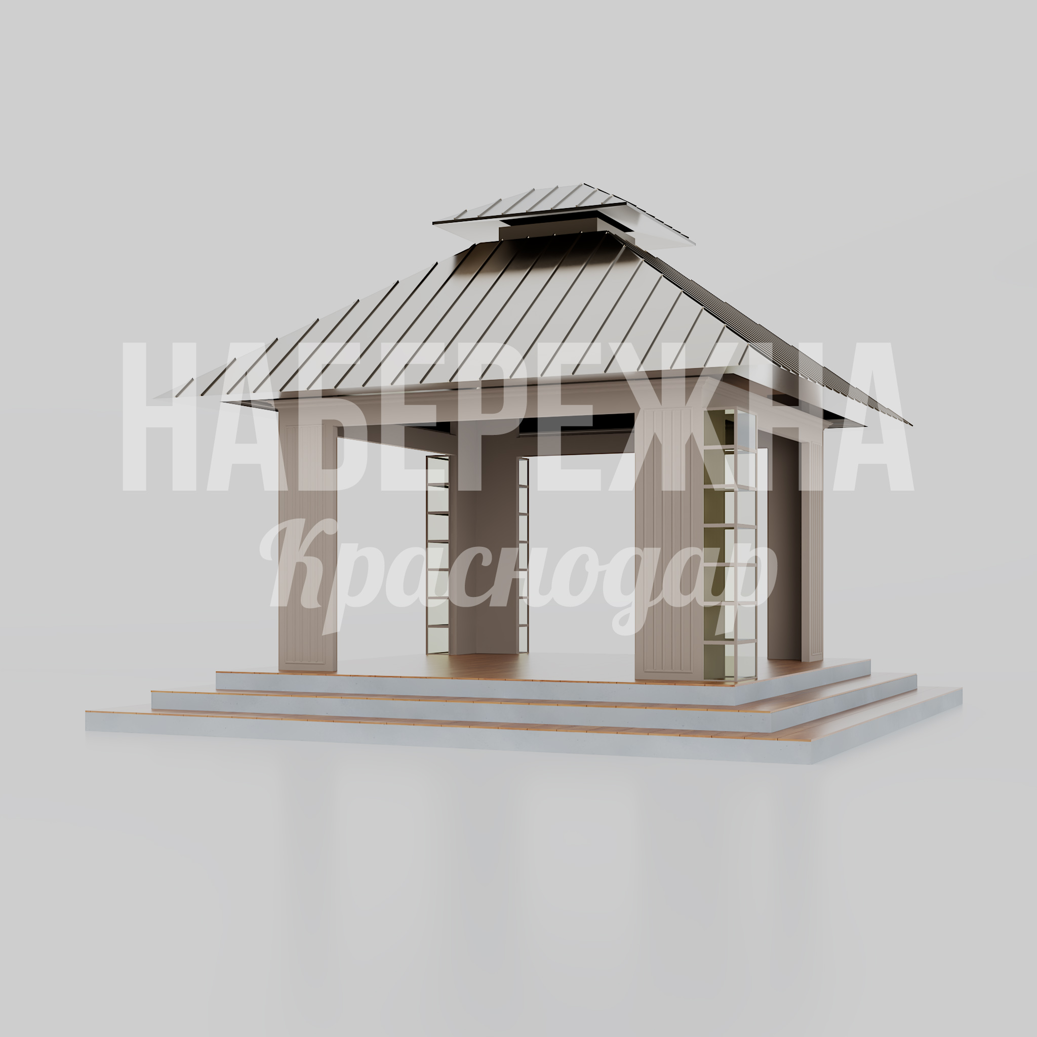 Беседка Onve 8000x8000x6320 мм. MAF-26.011 Беседка с двухъярусной крышей и колоннами. Открытая конструкция для зон отдыха в парках и скверах.