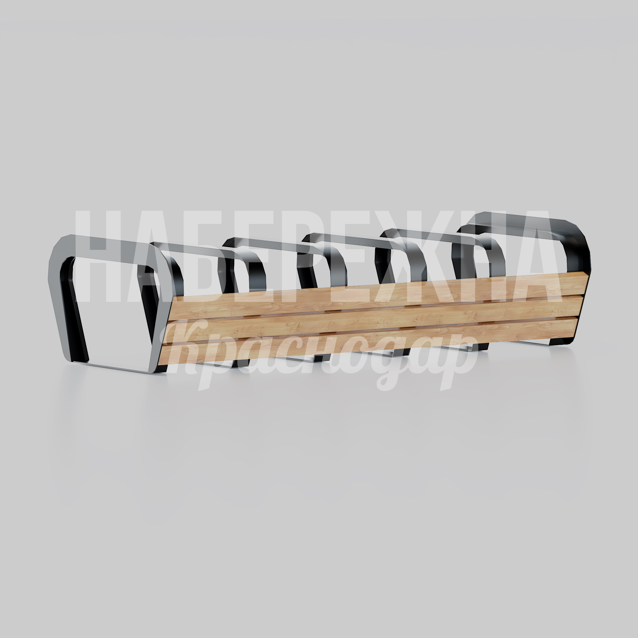 Велопарковка Hanhurlu 900x2000x500 мм. MAF-26.015 Велопарковка с фигурными стальными стойками и деревянным основанием на 5 велосипедов для парков и общественных зон.