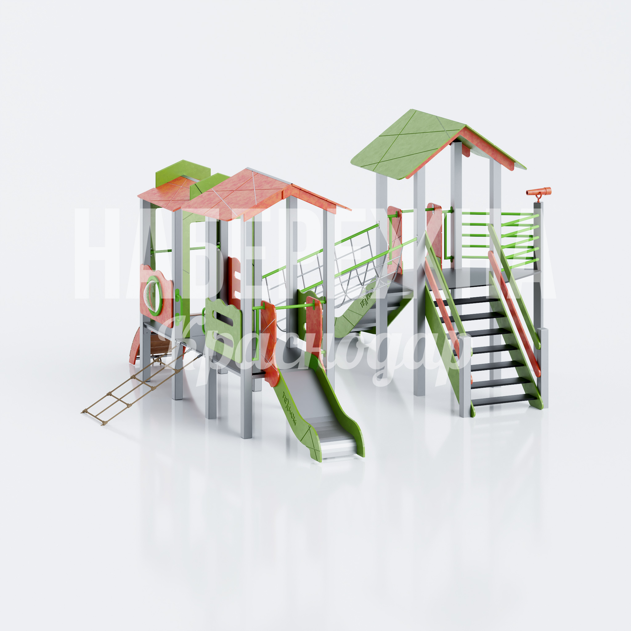 Горка детская Nuuralvö 6130x5740x3280 мм. MAF-26.077 Игровой комплекс с двумя башнями, горками и лазами. Многофункциональная конструкция для детских площадок и парков.