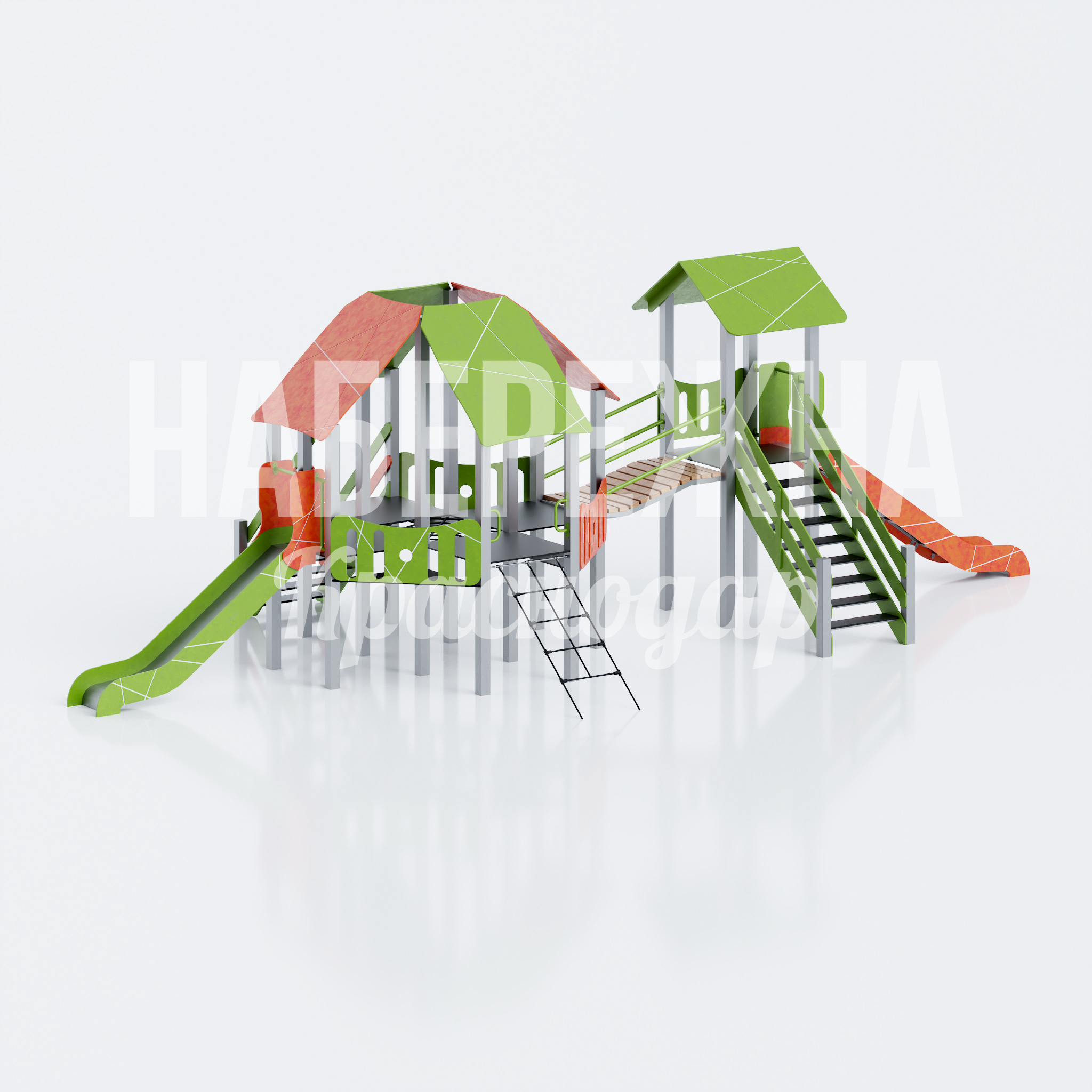 Горка детская Deirlo 5500x10600x3400 мм. MAF-26.080 Игровой комплекс с двумя горками, навесами и лазалками. Для детских площадок в жилых кварталах и парках.