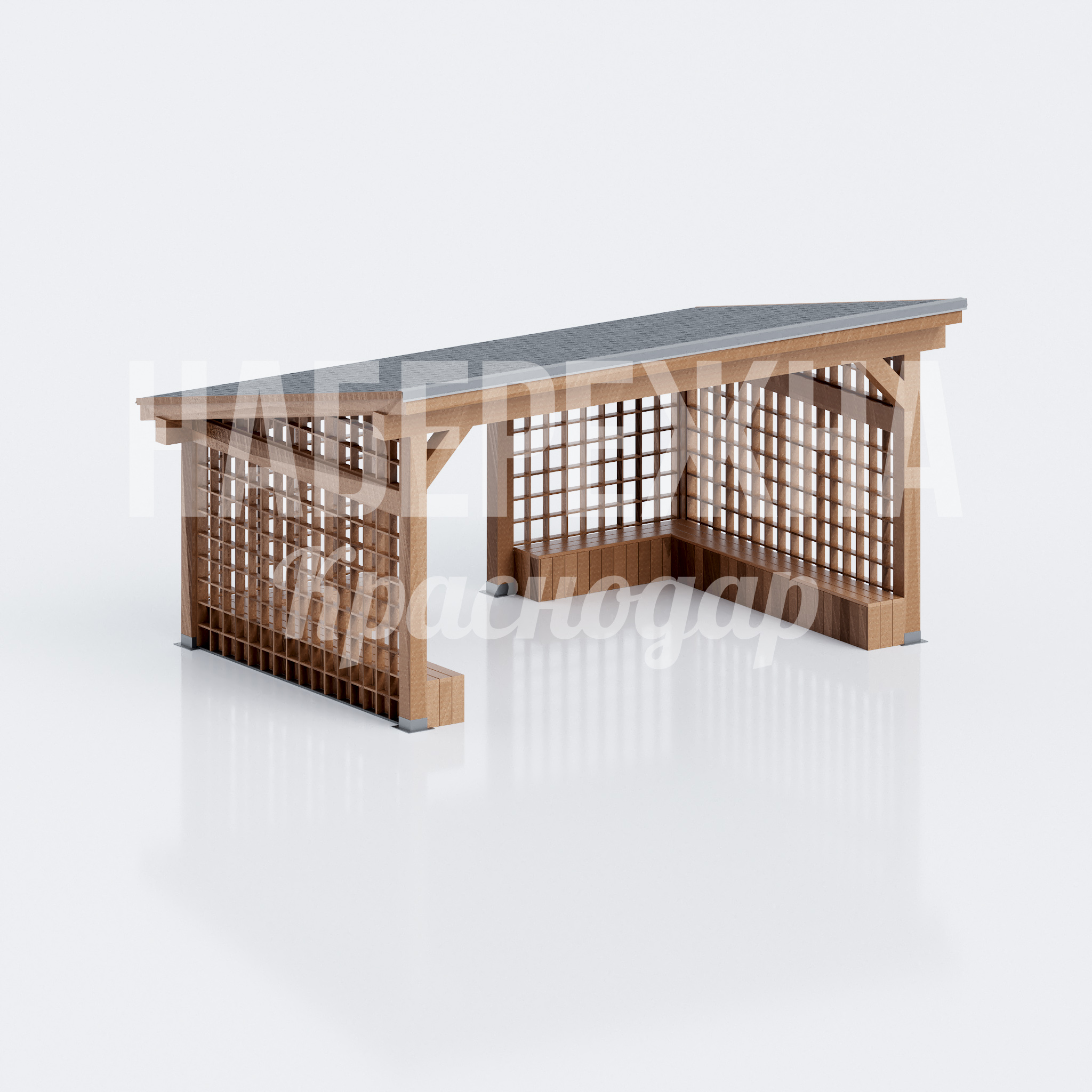 Деревянная беседка с сиденьями и покатой крышей Vöjye