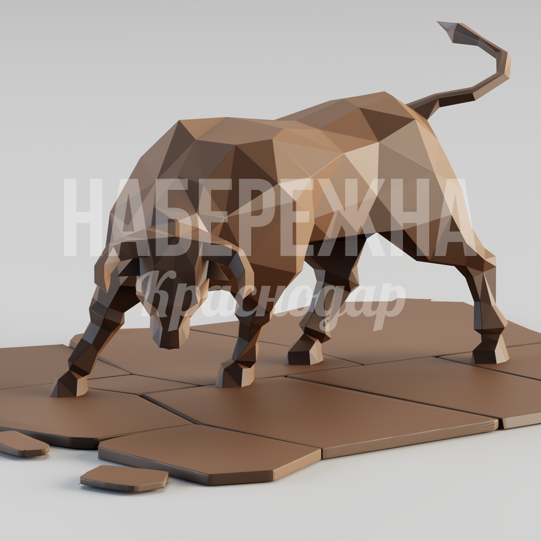 Бык Uvdu 5625x4265x2350 мм. PGF-24.003 Скульптура быка в полигональном стиле для парков и общественных пространств. Привлекает внимание, усиливает айдентику.