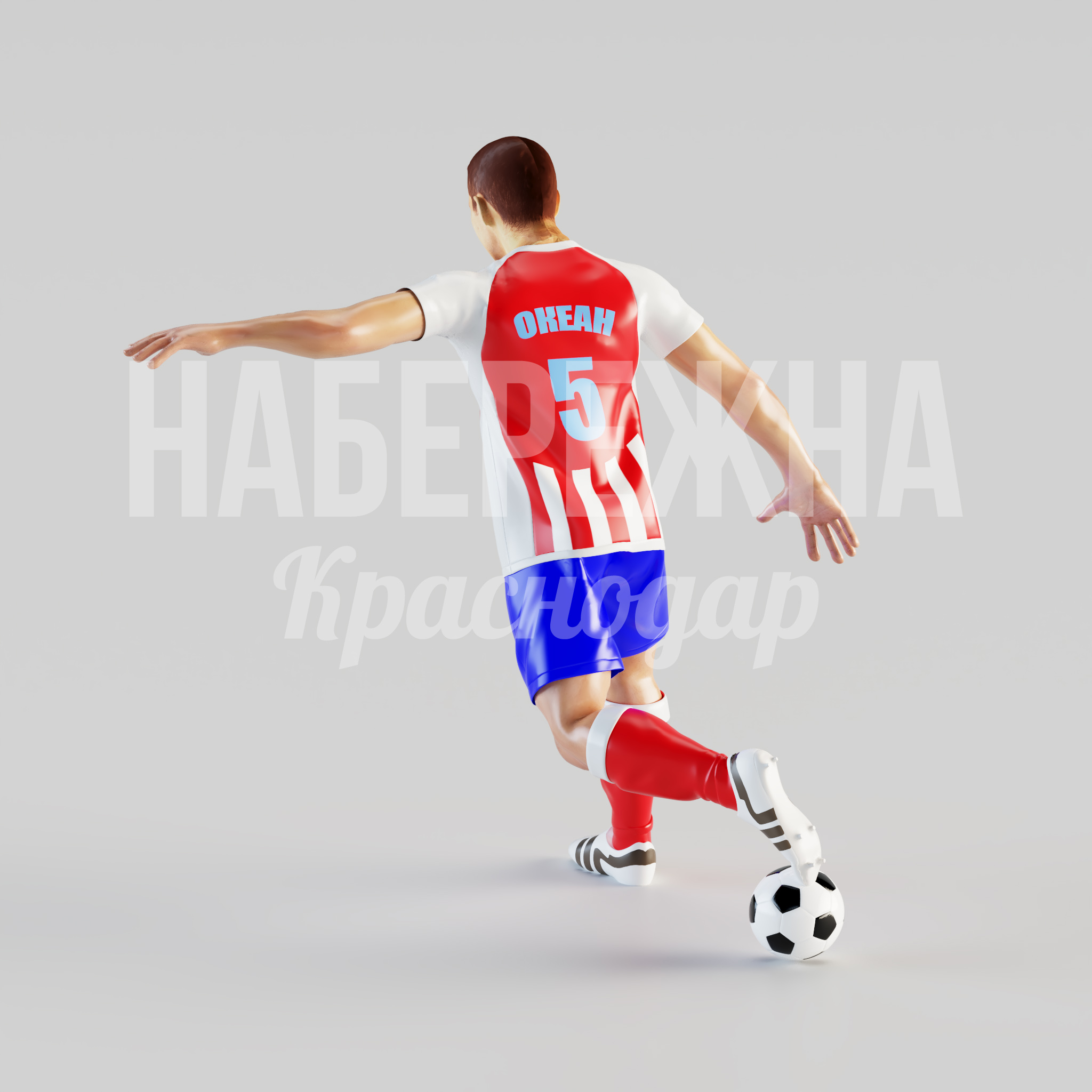 Футболист Nog 1200x1660x1780 мм. STF-22.029 Фигура футболиста в полный рост с мячом. Выдерживает уличные условия. Привлекает внимание к спортивным объектам.