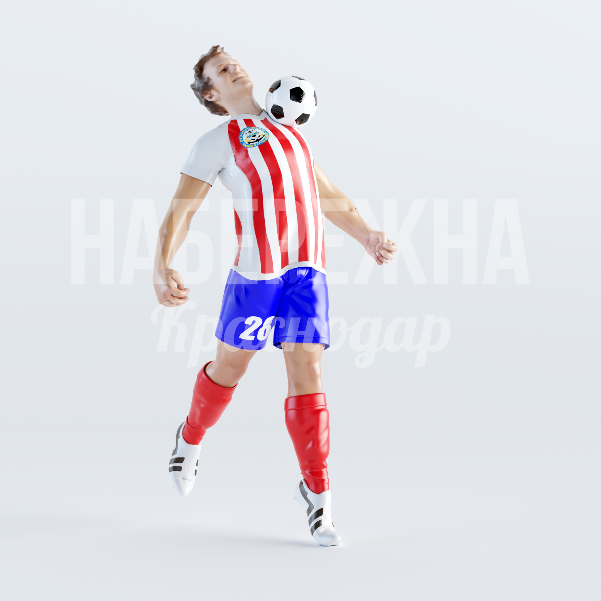 Футболист Vugdö 845x1120x2050 мм. STF-22.031 Фигура футболиста в динамичной позе для оформления спортивных площадок, парков и торговых центров.