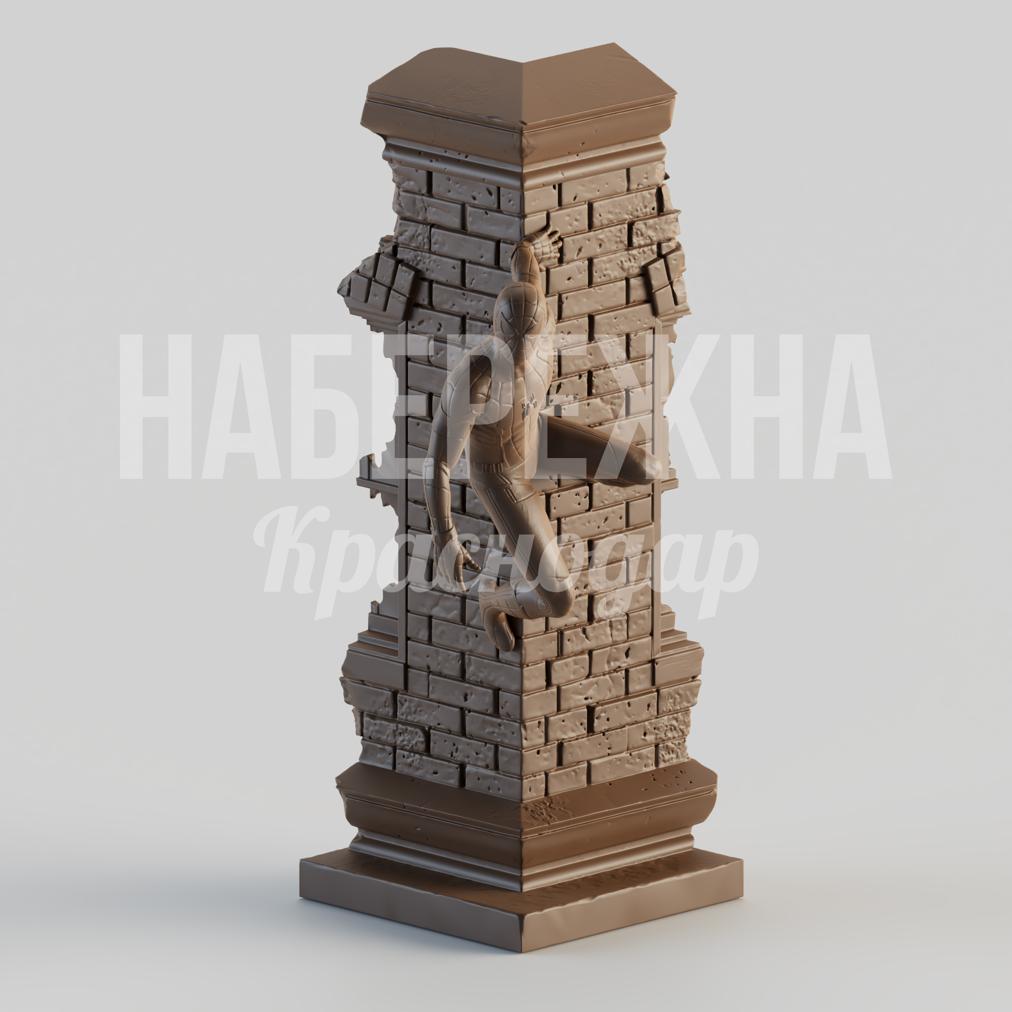 Человек паук на стене 950x850x1650 мм. STF-24.025 Скульптура супергероя на кирпичной стене. Привлекает внимание посетителей, создаёт яркий акцент в парках и ТРЦ.