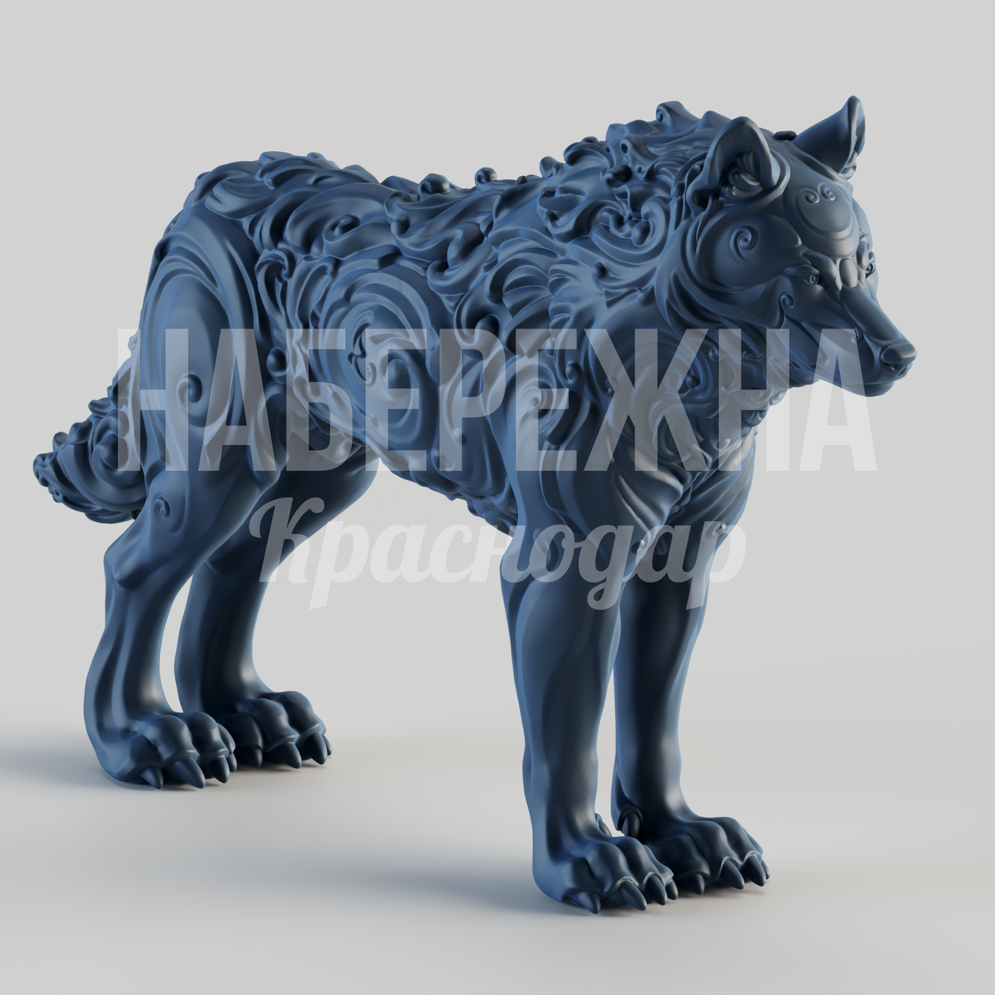 Волк Gekki 1600x350x1000 мм. STF-24.027 Скульптура волка с орнаментальным декором. Акцентный арт-объект для парков, скверов и общественных зон.