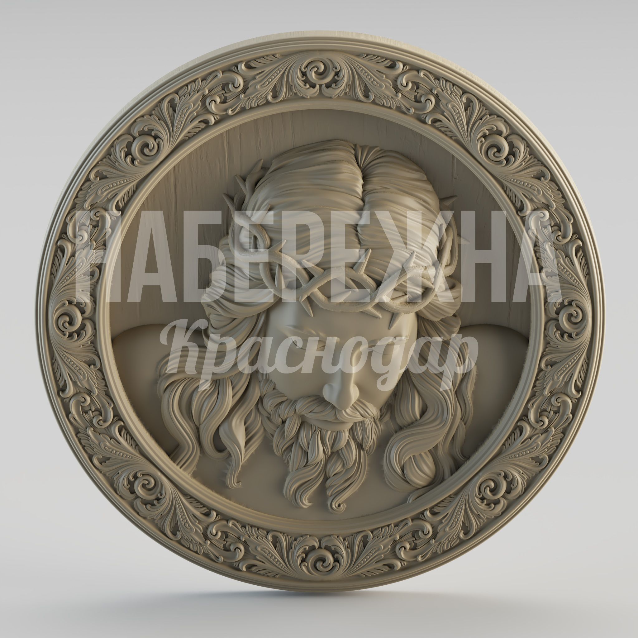 Панно с Иисусом 500x500x50 мм. STF-24.036 Панно с рельефным изображением Иисуса в орнаментальной раме. Ручная резьба. Для храмов и музеев.