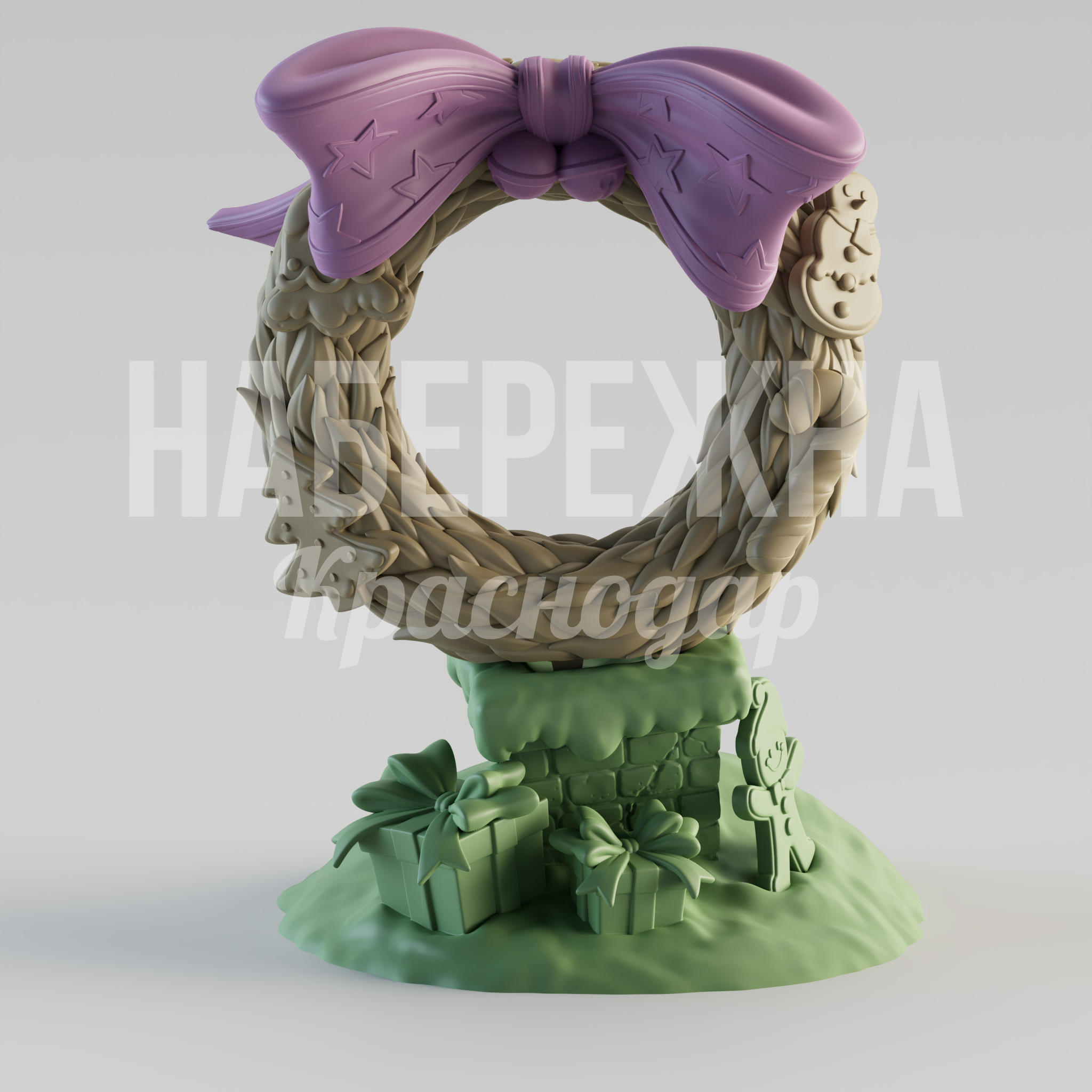 Фотозона Foeyka 1600x1670x2200 мм. STF-24.055 Фотозона в форме венка с бантом и декором. Привлекает внимание посетителей, создаёт праздничную атмосферу в парках.