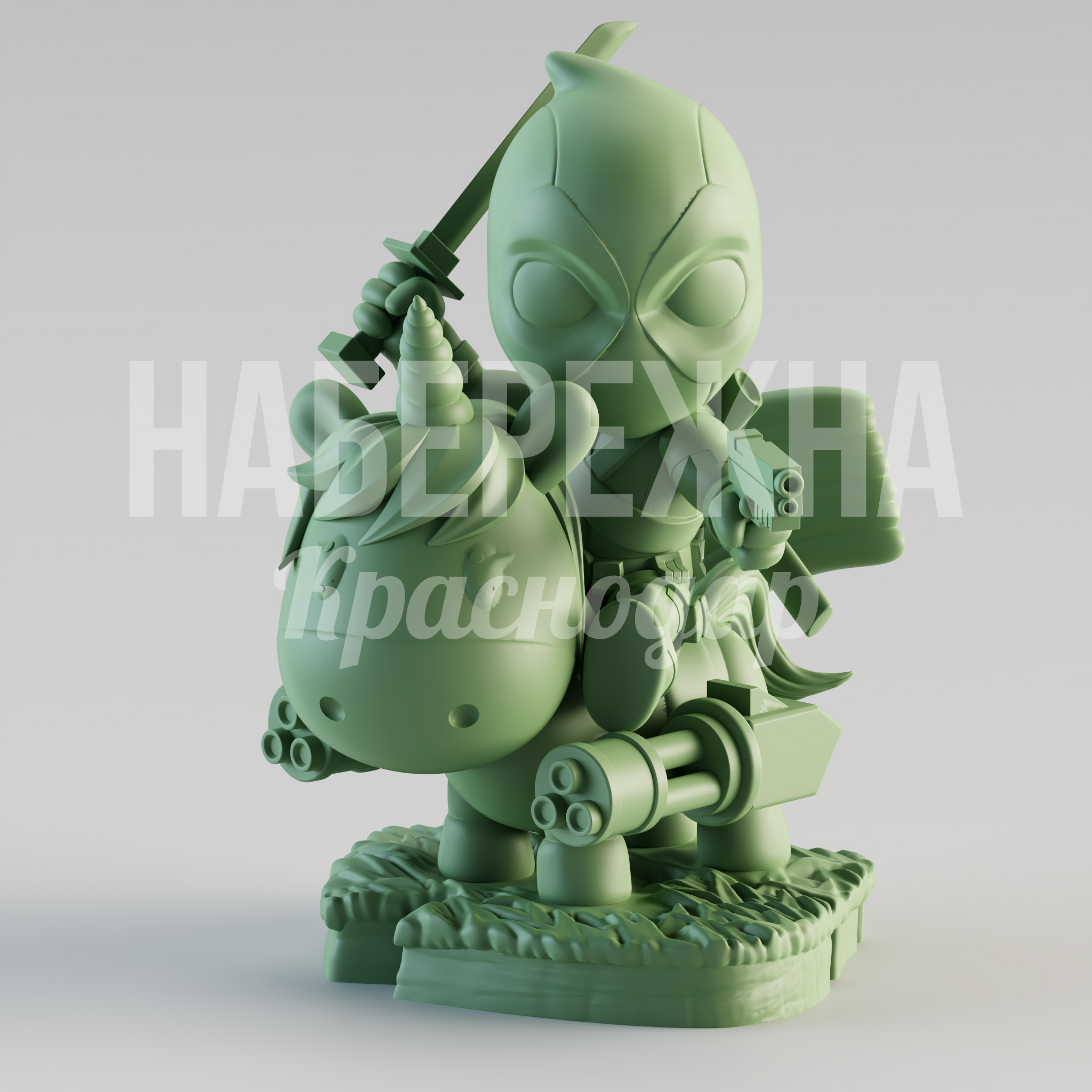 Дедпул на единороге 2000x1780x2500 мм. STF-24.056 Фигура персонажа из стеклопластика для парков развлечений. Яркий объект высотой 2,5 м для детских зон и фотозон.