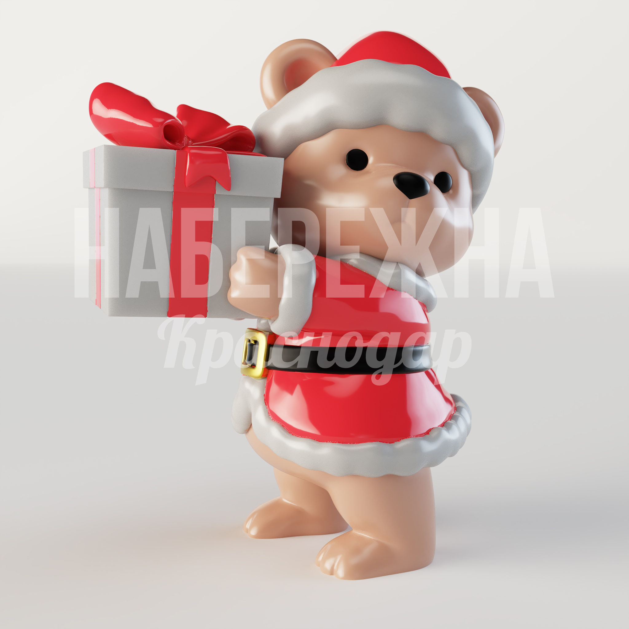 Санта-Мишка Nodbil с подарком 600x1000x1200 мм. STF-25.001 Декоративная фигура медведя в костюме Санты высотой 1,2 м для праздничного оформления парков и площадей.