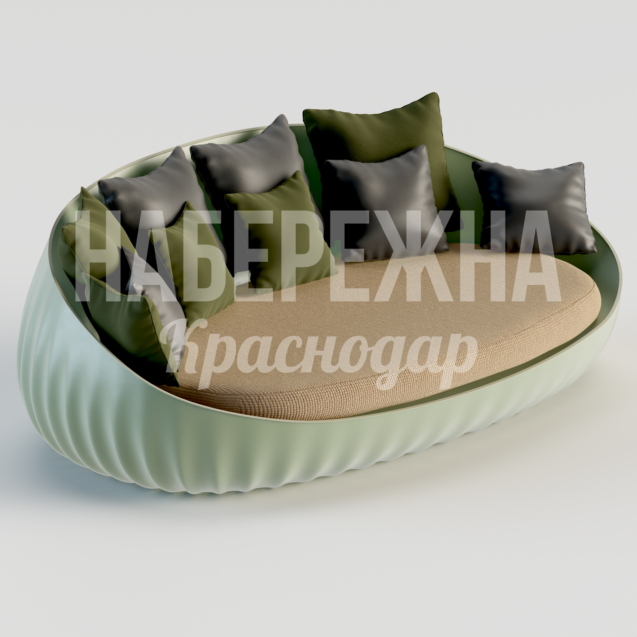 Диван Öcbudå 1400x2500x850 мм. STM-24.024 Диван с рельефным корпусом из композита, вместительное сиденье с подушками, для зон отдыха в парках и скверах.