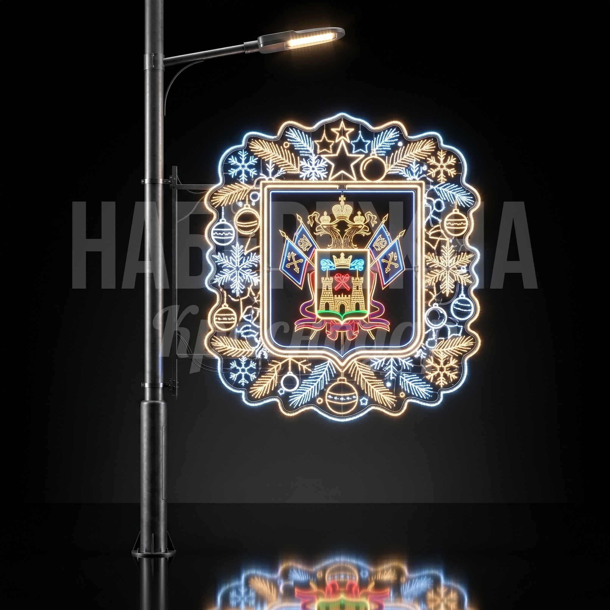 Панель на фонарный столб Герб Краснодара в Новогодней рамке