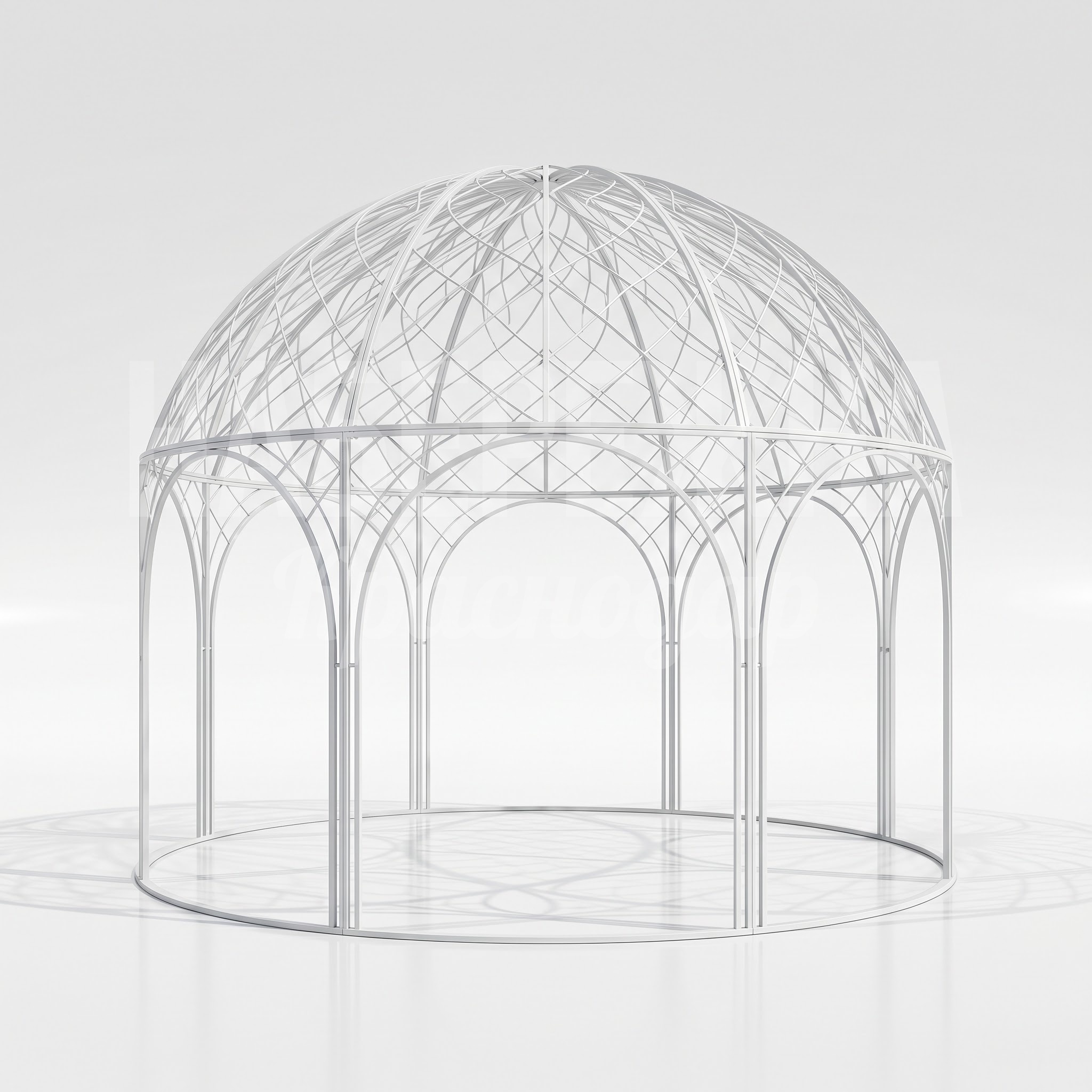 пергола круглая с полусферическим куполом из тонких изогнутых металлических рёбер Kuvu