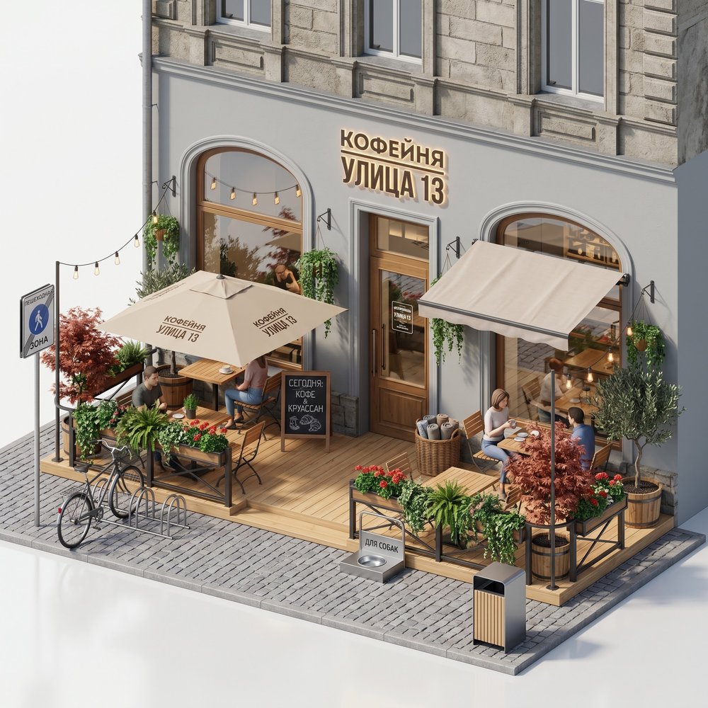 Кофейня на первом этаже пешеходной улицы с летником на тротуаре