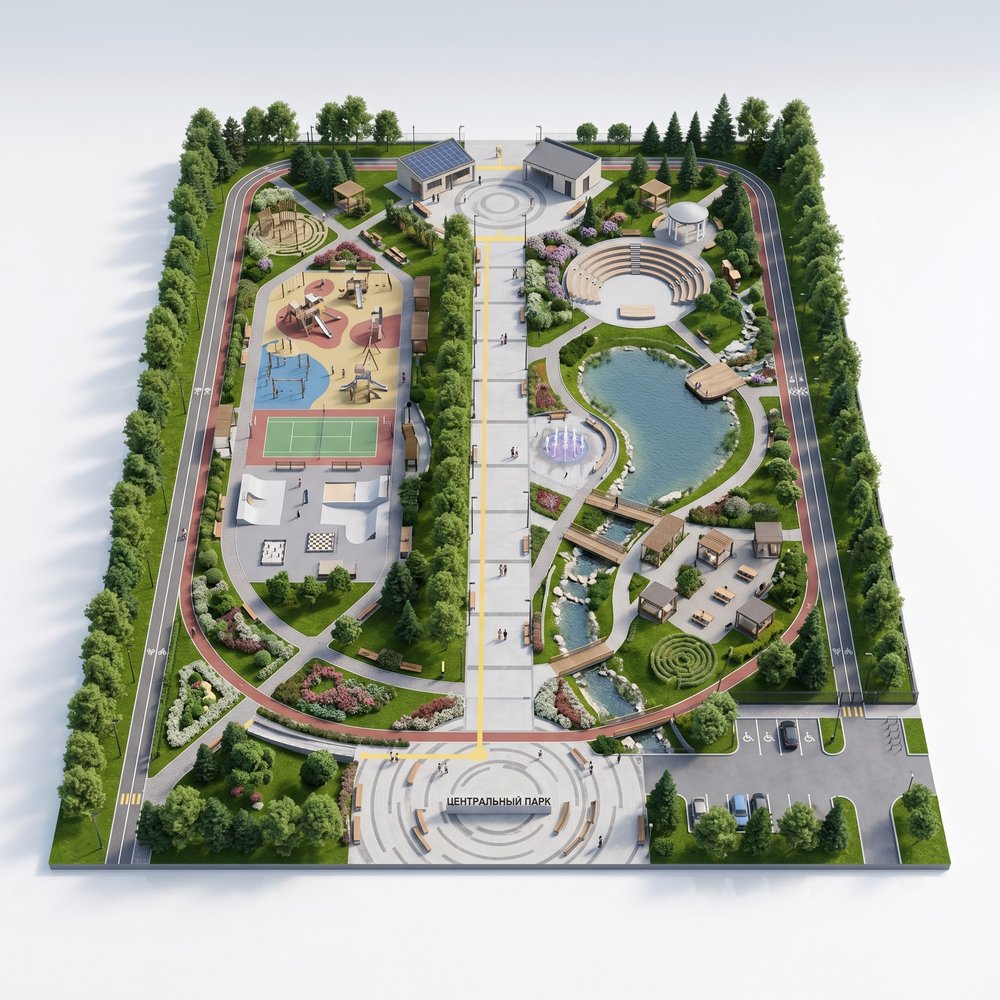 Парковая территория с водоемом